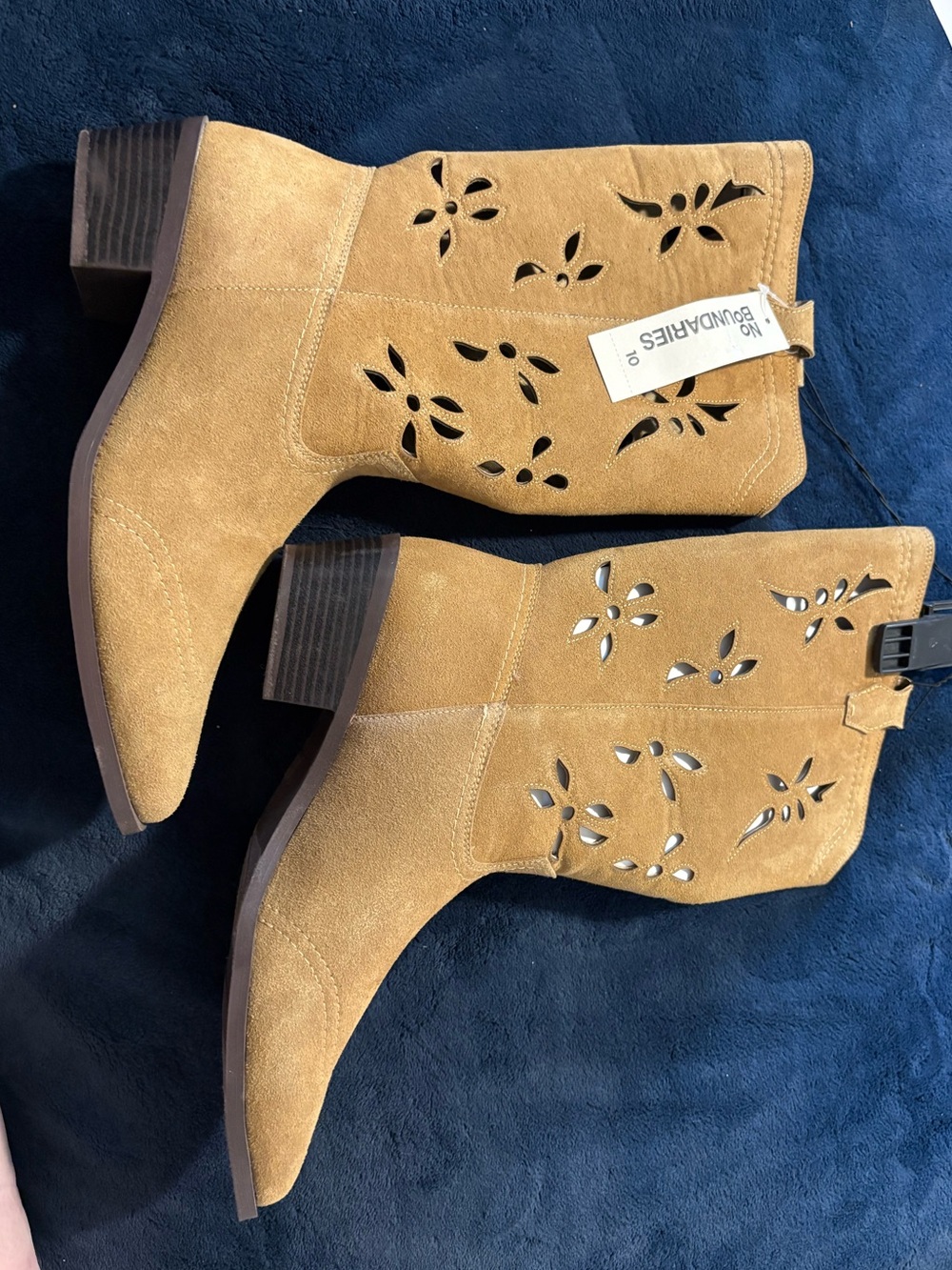 Time and Tru Tan Suede Mid-Calf Cutout Heeled Boots